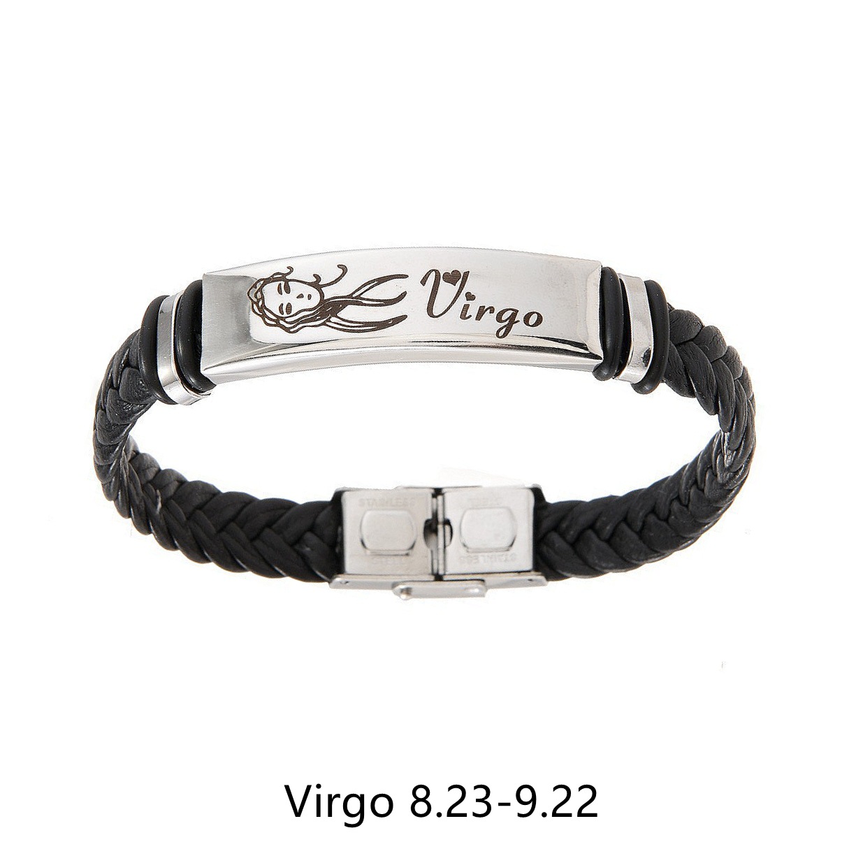 TEMU European and American cross-border personalized 12 zodiac leather woven stainless steel bracelet, elegant black accessory bracelet pic 8