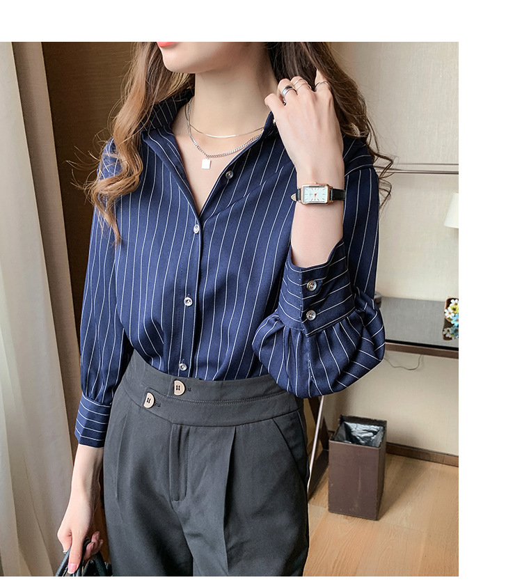 This vertical striped chiffon shirt for women with three-quarter sleeves is a new autumn collection. It features a unique and mature design with a sense of elegance and drape pic 9