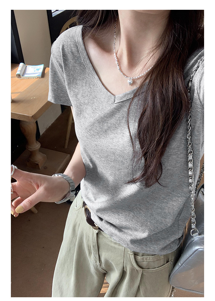 简约百搭V领纯色休闲短袖T恤女2024夏季新款轻薄透气宽松显瘦上衣详情16