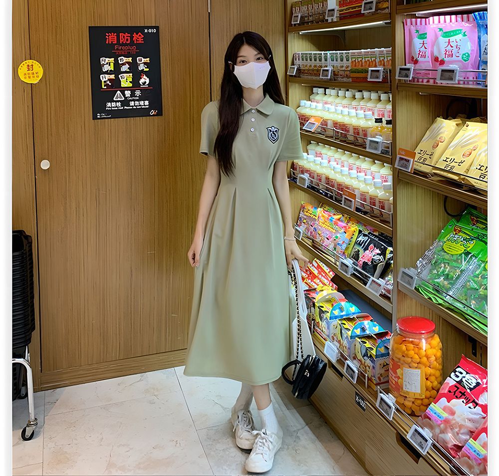 夏季POLO领短袖连衣裙女收腰显瘦过膝长裙学院风中长款休闲A字裙详情13