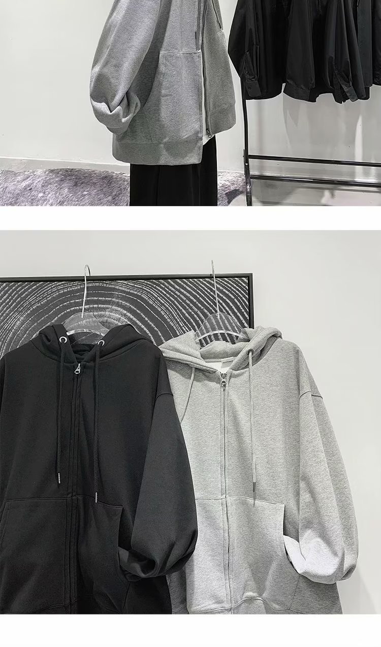 开衫卫衣男式秋季连帽衫纯色衣服加绒拉链宽松外套男士秋冬运动衫详情9