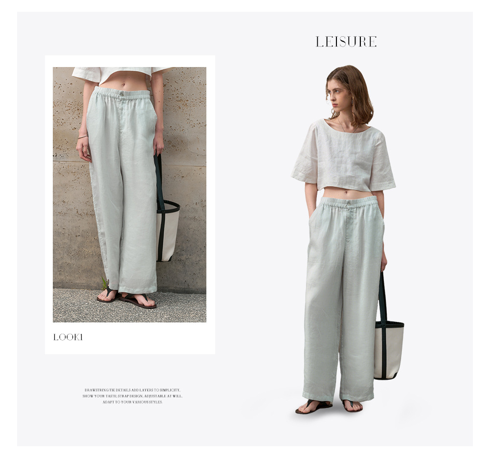 Pure ramie straight-leg pants for women, loose and slimming casual pants, loose spring and summer stretched-waist long pants pic 6