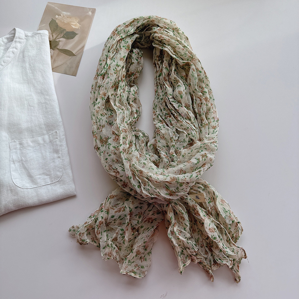 文艺褶皱碎花棉麻围巾女四季柔软复古百搭保暖披肩空调房护脖围巾详情11