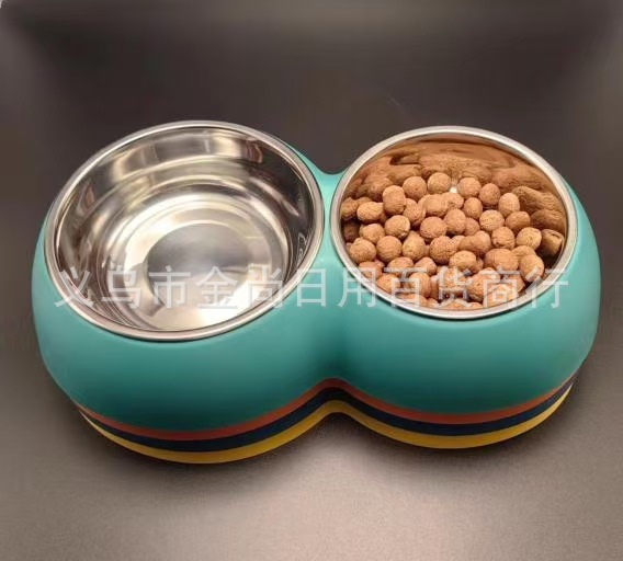 Wholesale of foreign trade cross-border candy-colored pet stainless steel double bowls, dog bowls, cat bowls, feeding and water bowls, pet dog bowls pic 1