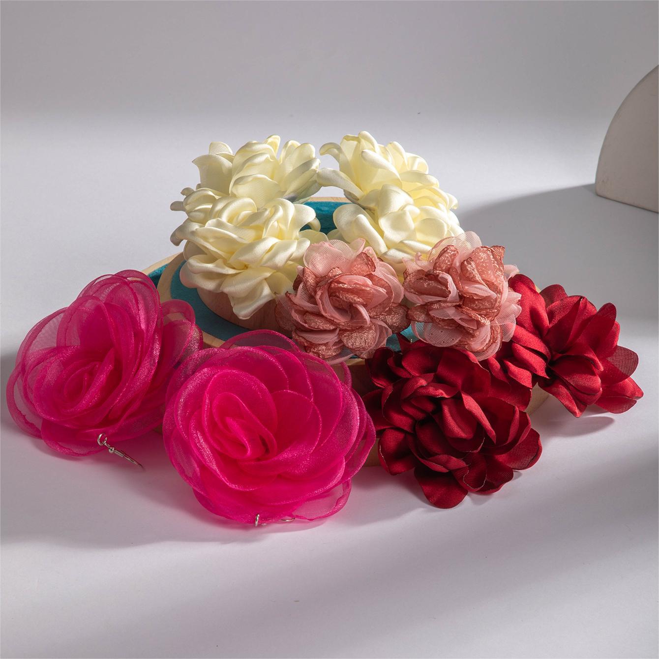 欧美跨境新款饰品 韩式蓬松大花朵耳环 高级绒布蕾丝多色耳饰套装详情8