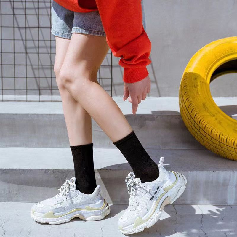 夏季纯色百搭黑白灰男女运动高筒袜简约棉柔长袜子诸暨袜业批发女详情7