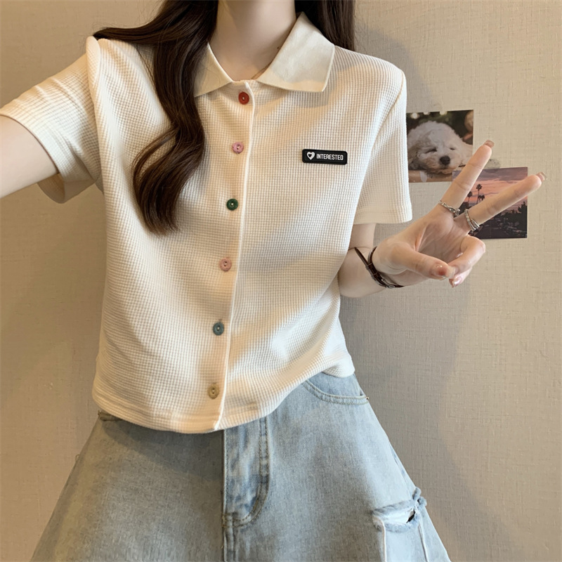 夏季大码胖mm学院风减龄彩色扣polo领正肩黑色短袖T恤女小衫上衣详情8