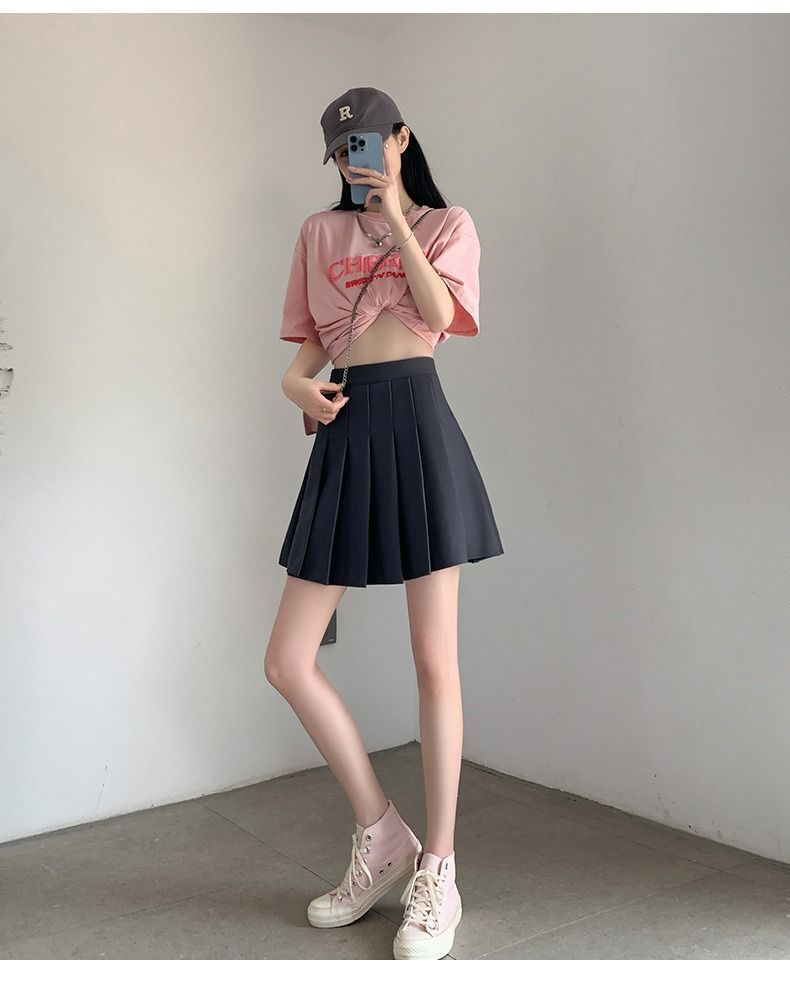 夏季带口袋百褶裙小个子松紧高腰弹力短裙女胖mm大码显瘦半身裙黑详情12