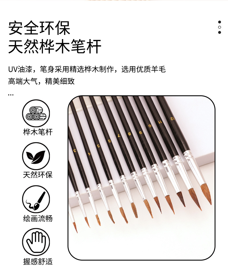 Cross-border 12 wool oil painting brushes, white wool acrylic brushes, art special painting outlining brushes, animal brushes pic 3