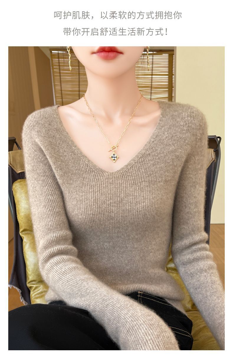 This autumn and winter new style of wool sweater features a V-neck that is slimming and versatile. It is a long-sleeved, casual and elegant sweater with a base layer of knitted sweater for women pic 13