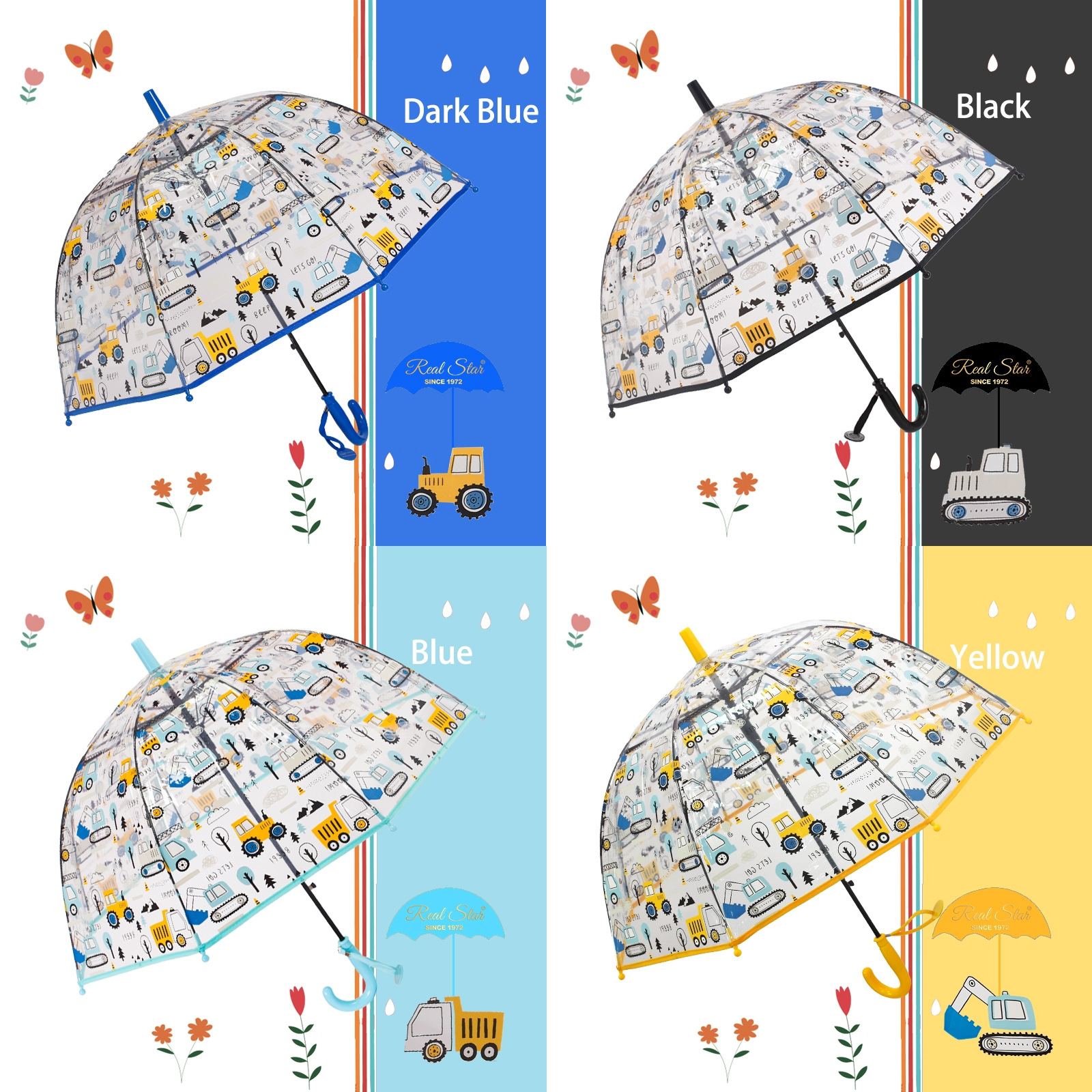 【跨境新品儿童雨伞可爱卡通POE透明伞挖机推土机图案自动伞现货详情20