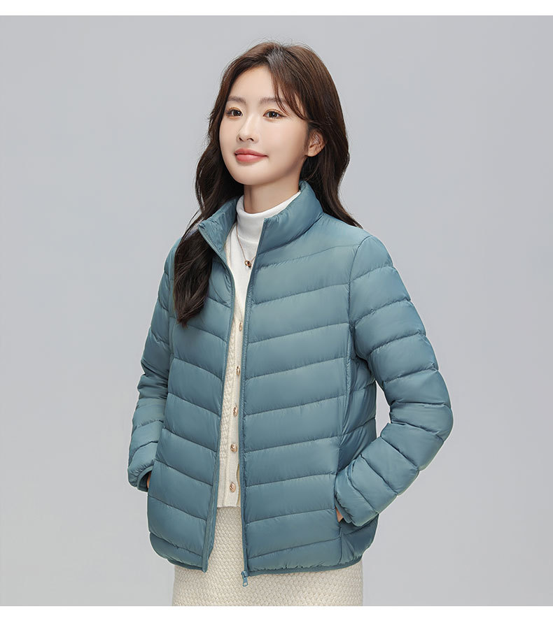 A light and thin down jacket for women in the autumn and winter of 2025, a short 90mm white duck down winter stand-up collar, a slimming casual coat trend pic 27