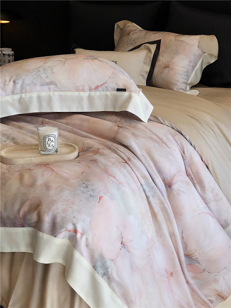 Cool ultra-fine denier Tencel summer light and cool condensation filament four-piece set, elegant printed sweat-absorbing nude bedding pic 38