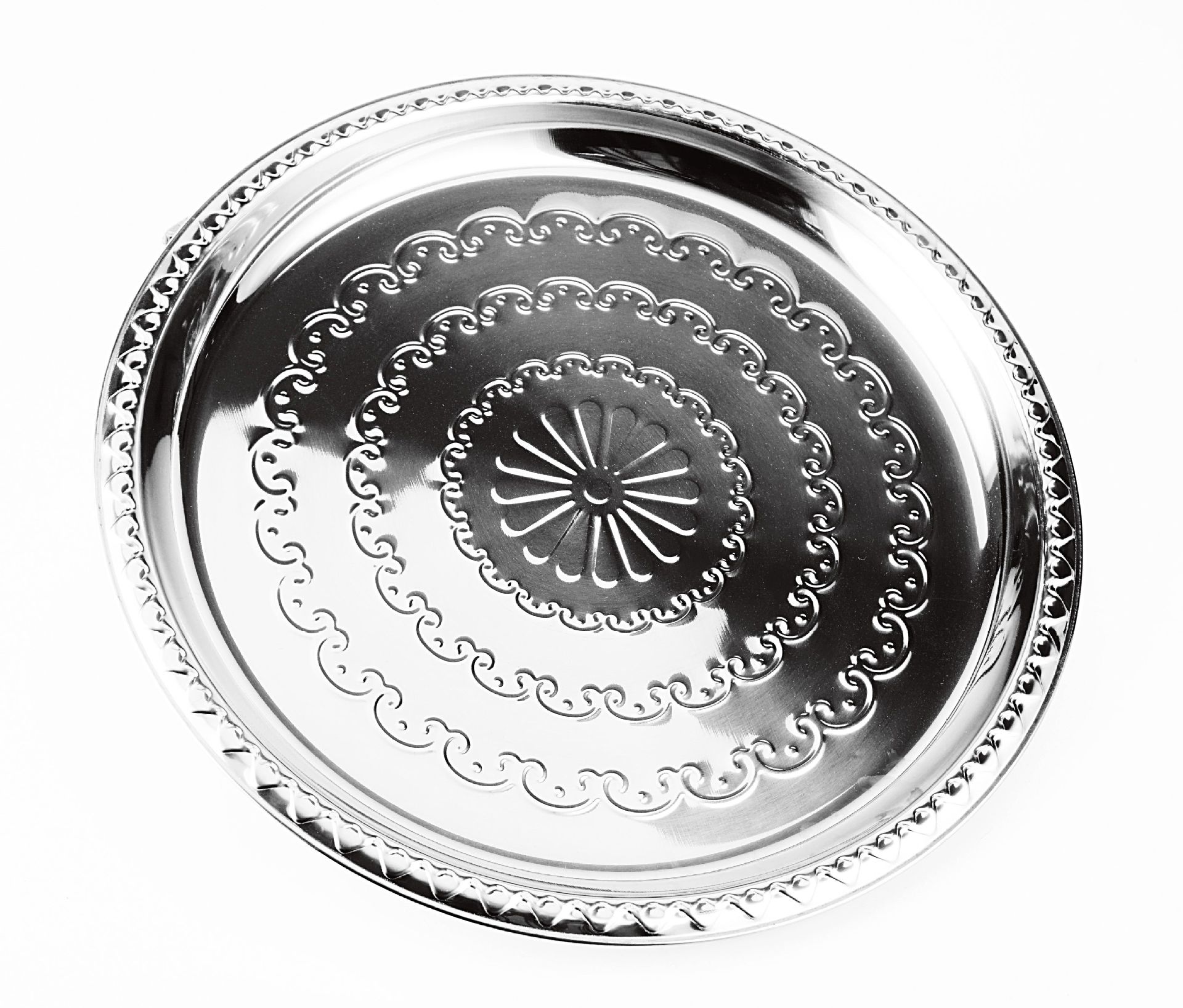 Stainless steel large round embossed household plates, kitchen fruit plates wholesale set plates, cross-border pic 3