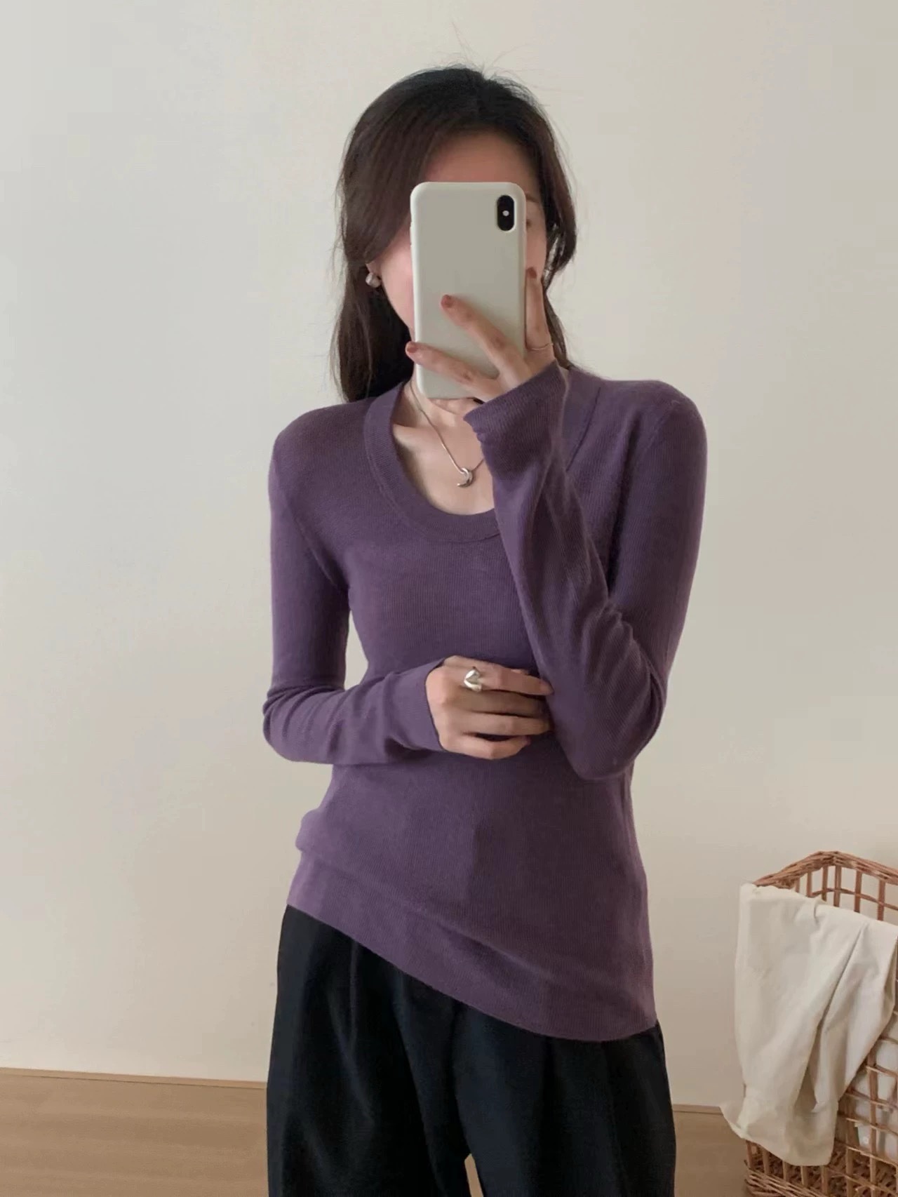 早秋新款100羊毛U领韩系纯色时尚简约针织弹力打底衫百搭女毛衣潮详情17