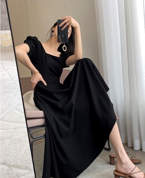连衣裙2024夏新款ins茶歇裙气质一字领过膝长款赫本风胖mm小黑裙详情11
