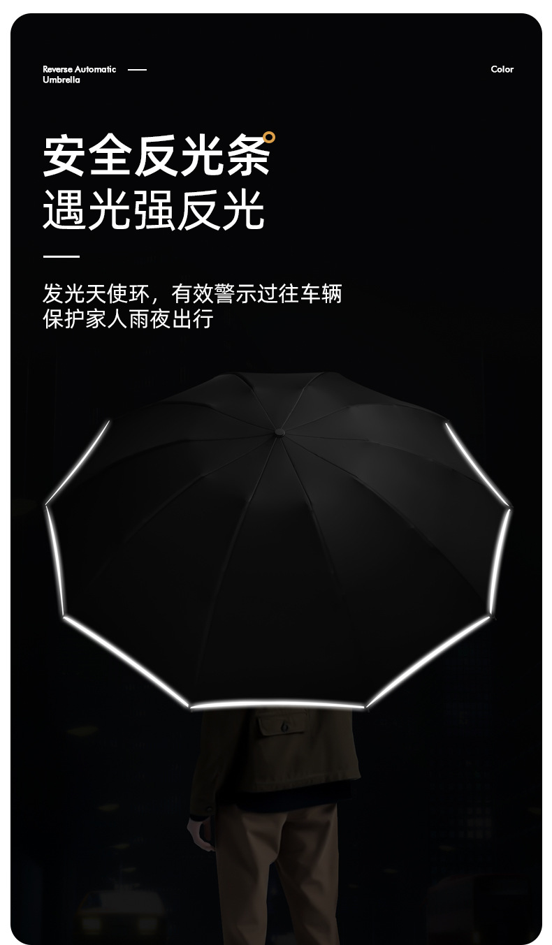 全自动三折节节收机械 包边反光条反向黑胶伞折叠雨伞 广告伞现货详情16