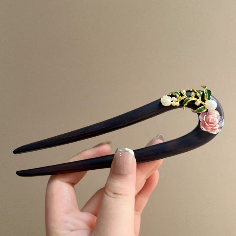 New Chinese style - Wooden hairpins, U-shaped double hairpins, flower hairpins, daily updo hairpins, ancient-style Hanfu cheongsam headwear for women pic 4