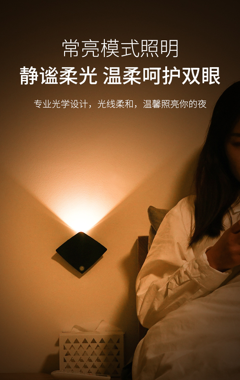跨境人体感应灯卧室楼梯客厅壁灯衣橱柜魔鱼门牌射灯充电池小夜灯详情6