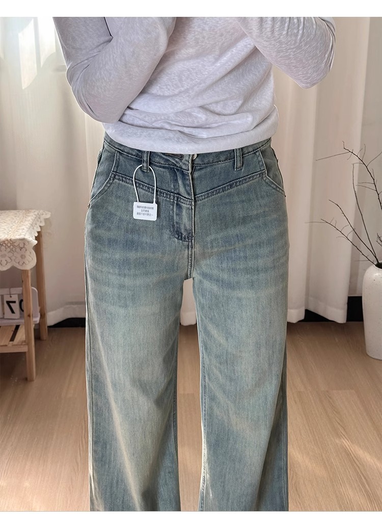 大码百搭阔腿牛仔裤女春秋新款胖mm宽松设计感高腰显瘦直筒拖地裤详情9