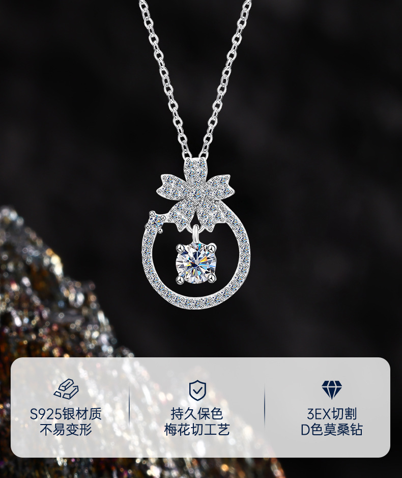 Pure silver Korean-style niche design dynamic necklace, simple and elegant four-leaf clover Mosang collarbone chain necklace accessory pic 2