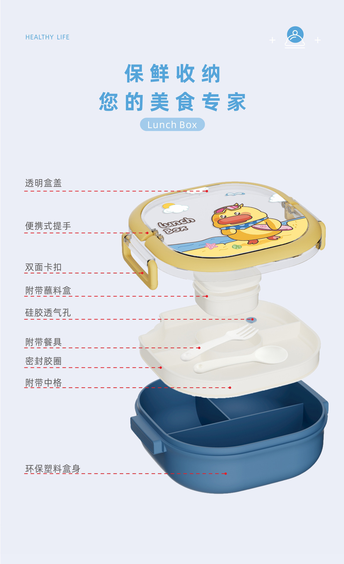 304不锈钢 塑料款 儿童分格三格饭盒带提手餐具带酱料盒餐盒便当详情19