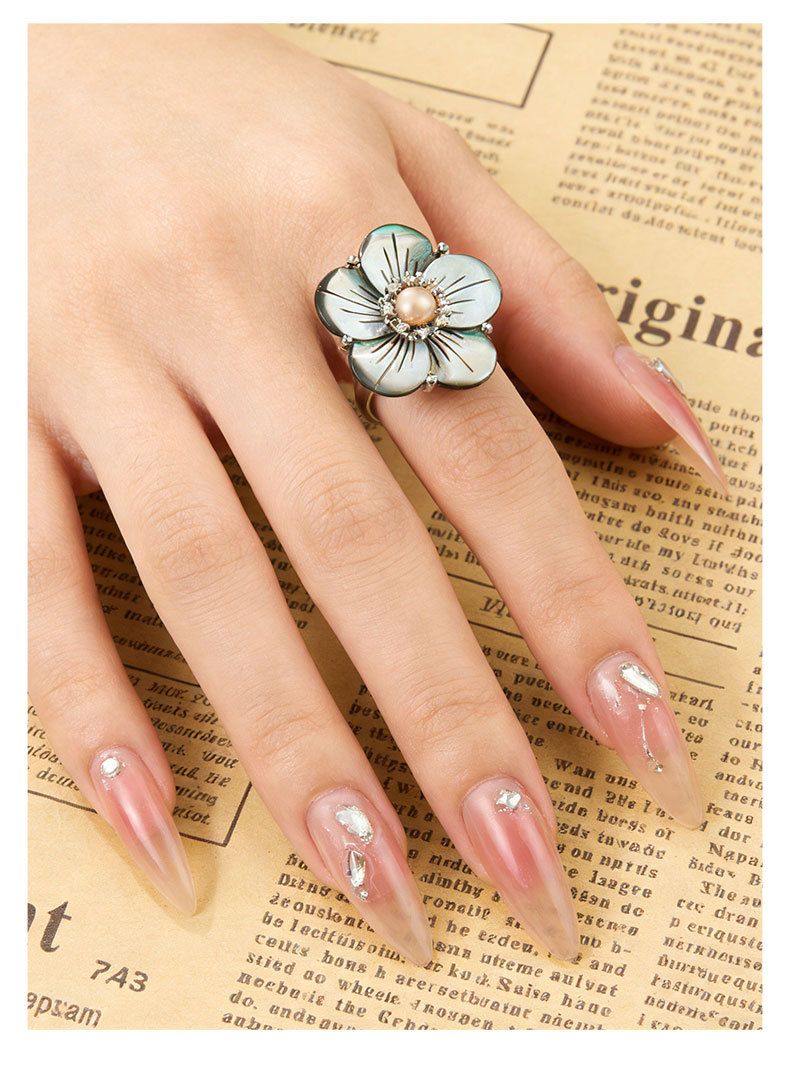 High-end natural black mother-of-pearl flower open ring, copper alloy inlaid with zircon freshwater pearls, adjustable ring ring pic 13