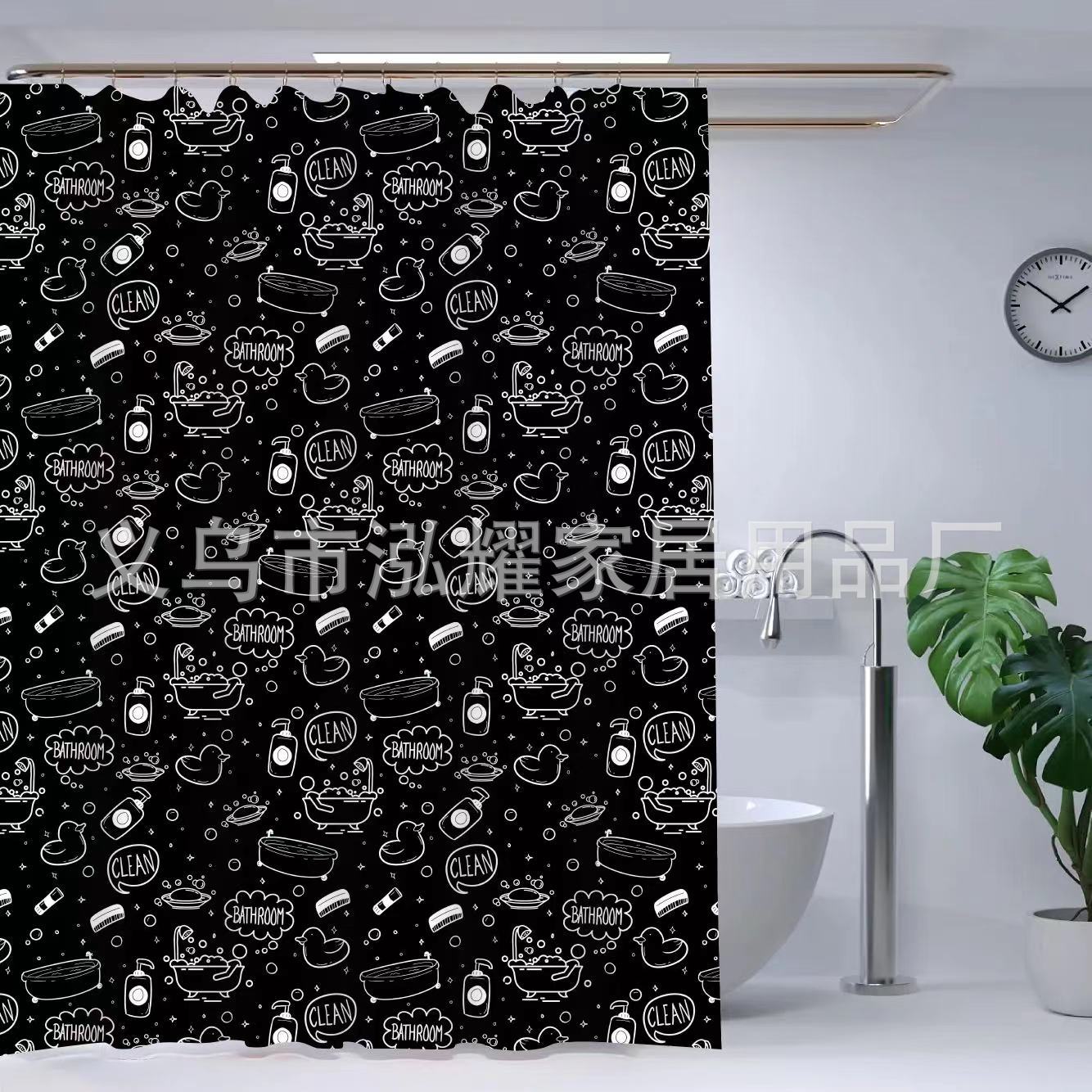 黑白圆点浴室浴帘复古黑灰色几何波点浴帘白色卫生间加厚防水浴帘详情3