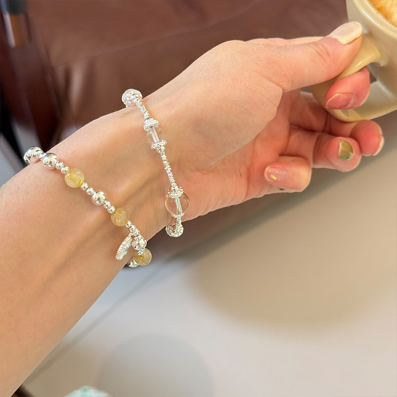 925纯银圆牌条纹爱心发晶银珠手链女手工弹力绳设计串珠手环叠戴详情8