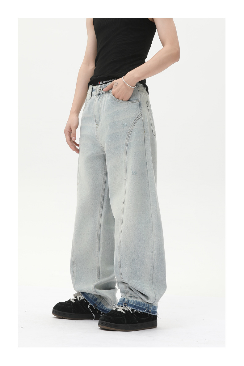 MTLCLOTHES男装| 小众设计感浅色阔腿牛仔裤宽松显瘦直筒弯刀裤潮详情12