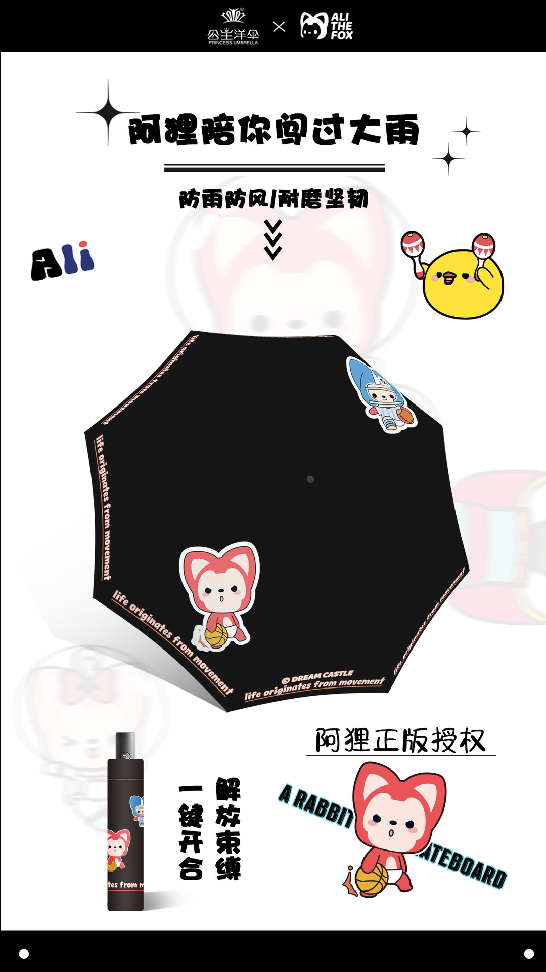 正版阿狸自动伞一键开收雨伞黑胶防晒折叠晴雨两用遮阳伞6063防晒详情3
