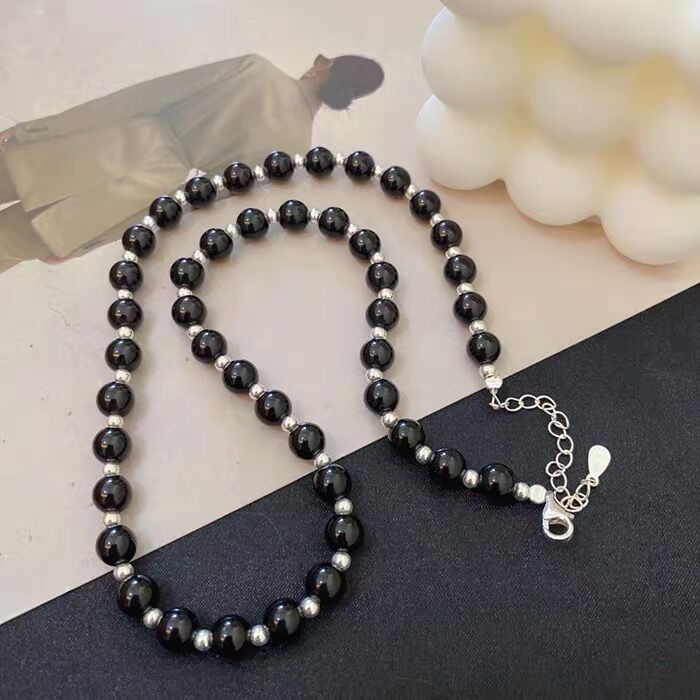Natural black agate silver bead spliced necklace, Korean s925 pure silver versatile round bead collarbone chain, retro and fashionable jewelry for women pic 5
