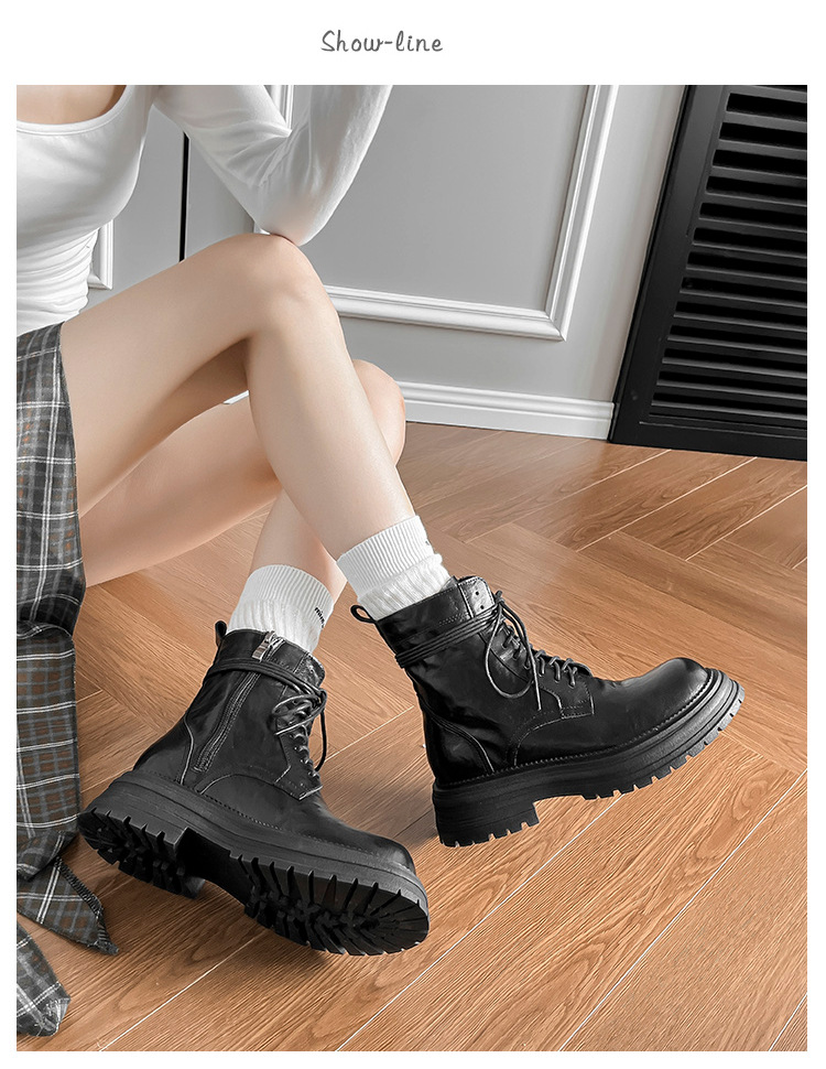 英伦复古系带厚底马丁靴秋冬季单靴精致手抓纹粗跟短靴女机车靴子详情4