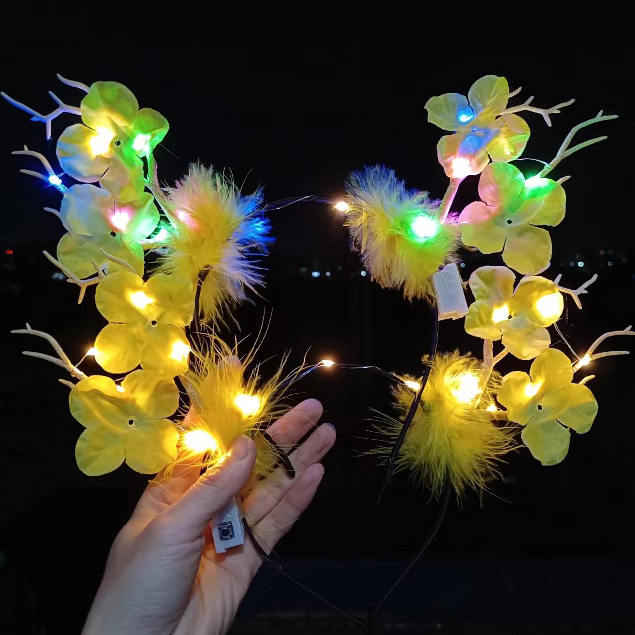 新款发光大鹿角发箍梅花羽毛麋鹿发饰圣诞节花仙子拍照装扮头饰详情7