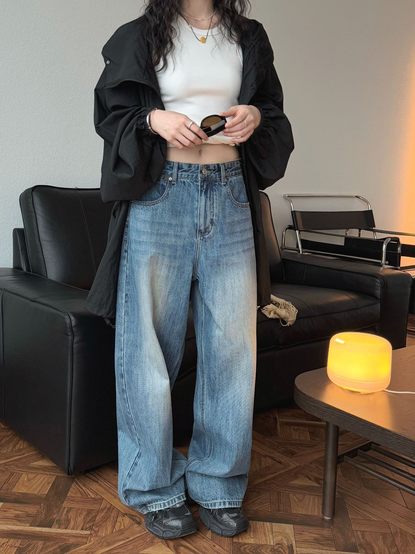 卢浮春夏新款美式复古磨白水洗牛仔裤宽松阔腿显瘦休闲长裤女详情6