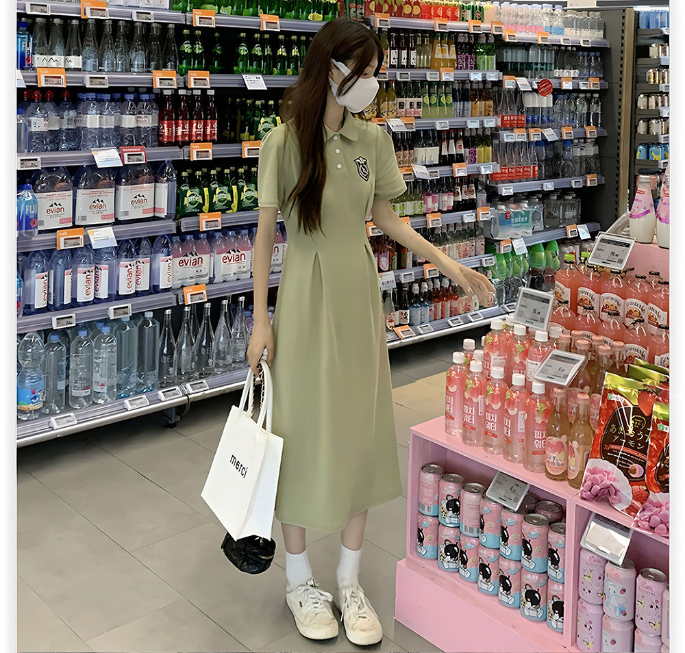夏季POLO领短袖连衣裙女收腰显瘦过膝长裙学院风中长款休闲A字裙详情7