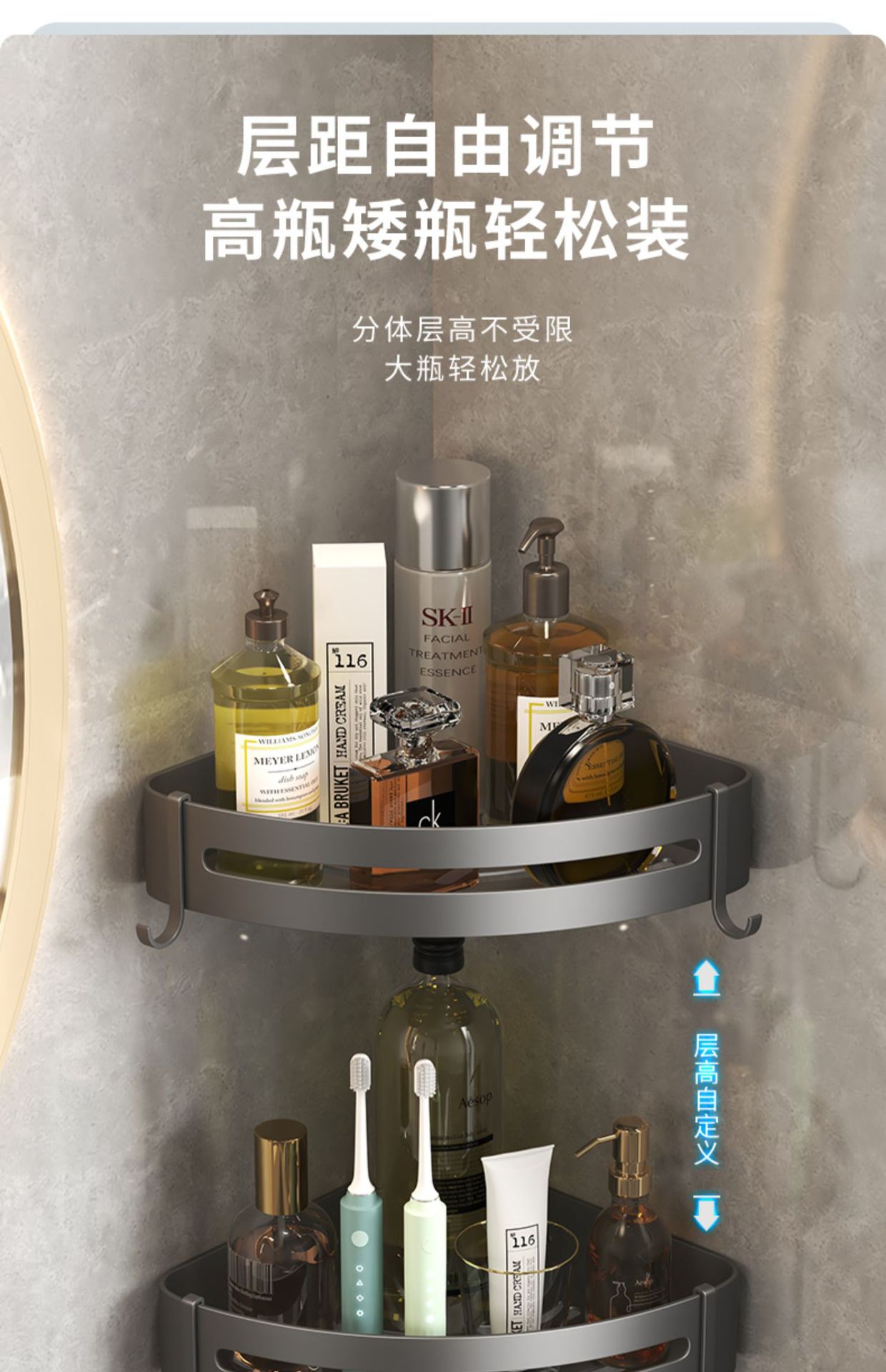 Gun gray folding bath towel rack, non-drilling bathroom storage rack, multi-functional bathroom toilet towel rack storage pic 35