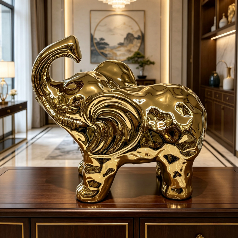 Light luxury and minimalist golden elephant figurine, ceramic elephant, living room entrance, model room, soft decoration handicraft pic 3