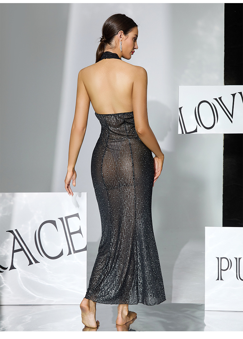 Black silk see-through dress for export, neckline, deep V-neck, backless, slim fishtail, sexy sleeping dress 1155 pic 8