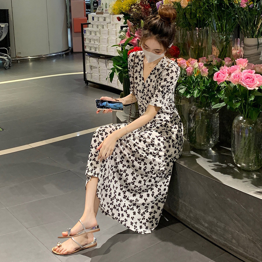 French-style first love sweet fairy thin high-end design long dress, waist-cinching and slimming black floral dress Zixia pic 9