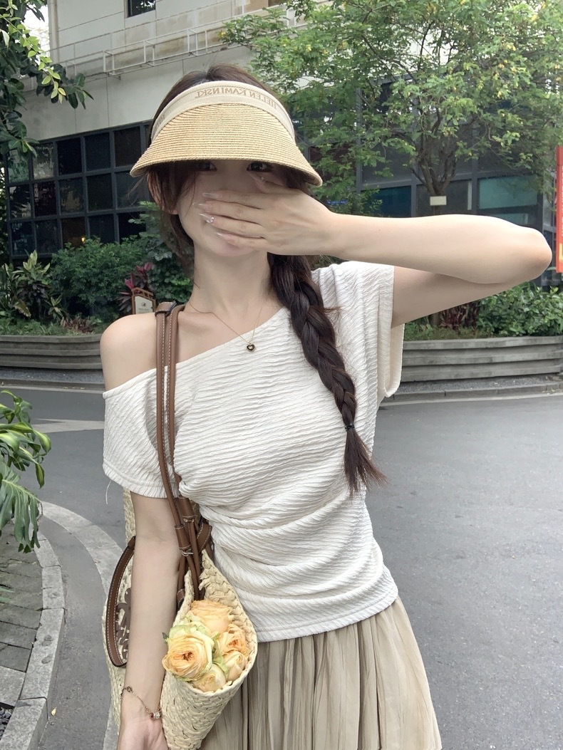 斜肩肌理感韩版短袖T恤女夏季修身显瘦内搭打底衫白色气质上衣服详情2