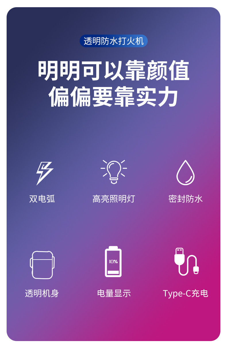 新透明壳usb电弧打火机照明灯户外防水可选Type-C充电脉冲点烟器详情2