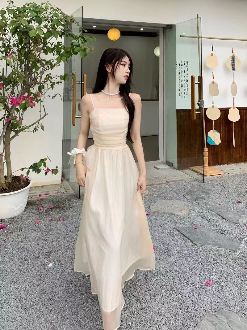 女装法式白色吊带长裙夏新款2024气质收腰显瘦纯色礼服超仙连衣裙详情12