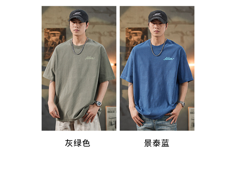 ALLIN pure cotton heavy-duty short-sleeved T-shirt for men, a summer trendy brand with three-dimensional printed letters and loose round-neck couple tops pic 6