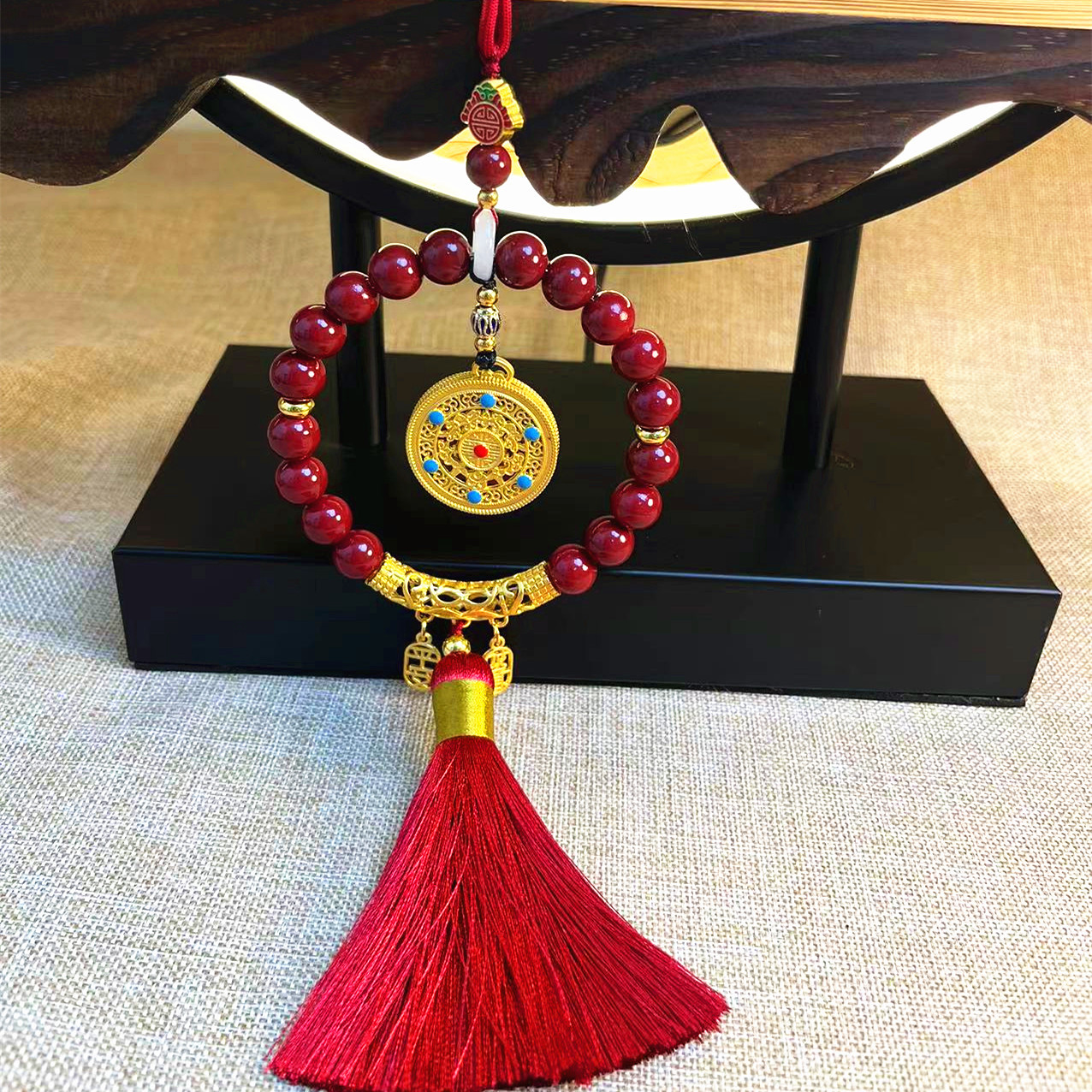 Red rope, ancient method, sand gold, Five blessings complete, cinnabar peace and good fortune, car pendant, blue, Chinese trend, retro pendant pic 5