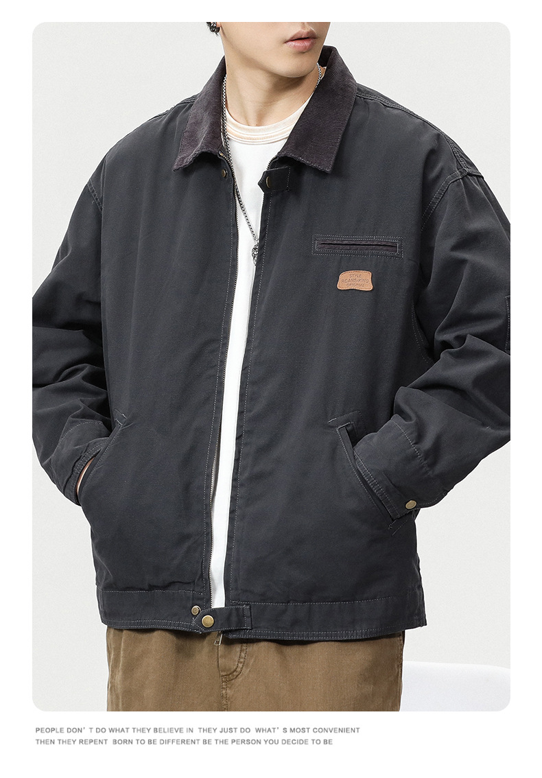 沐丘男装∣潮牌山系户外翻领宽松工装夹克男高级感珠帆布美式外套详情11