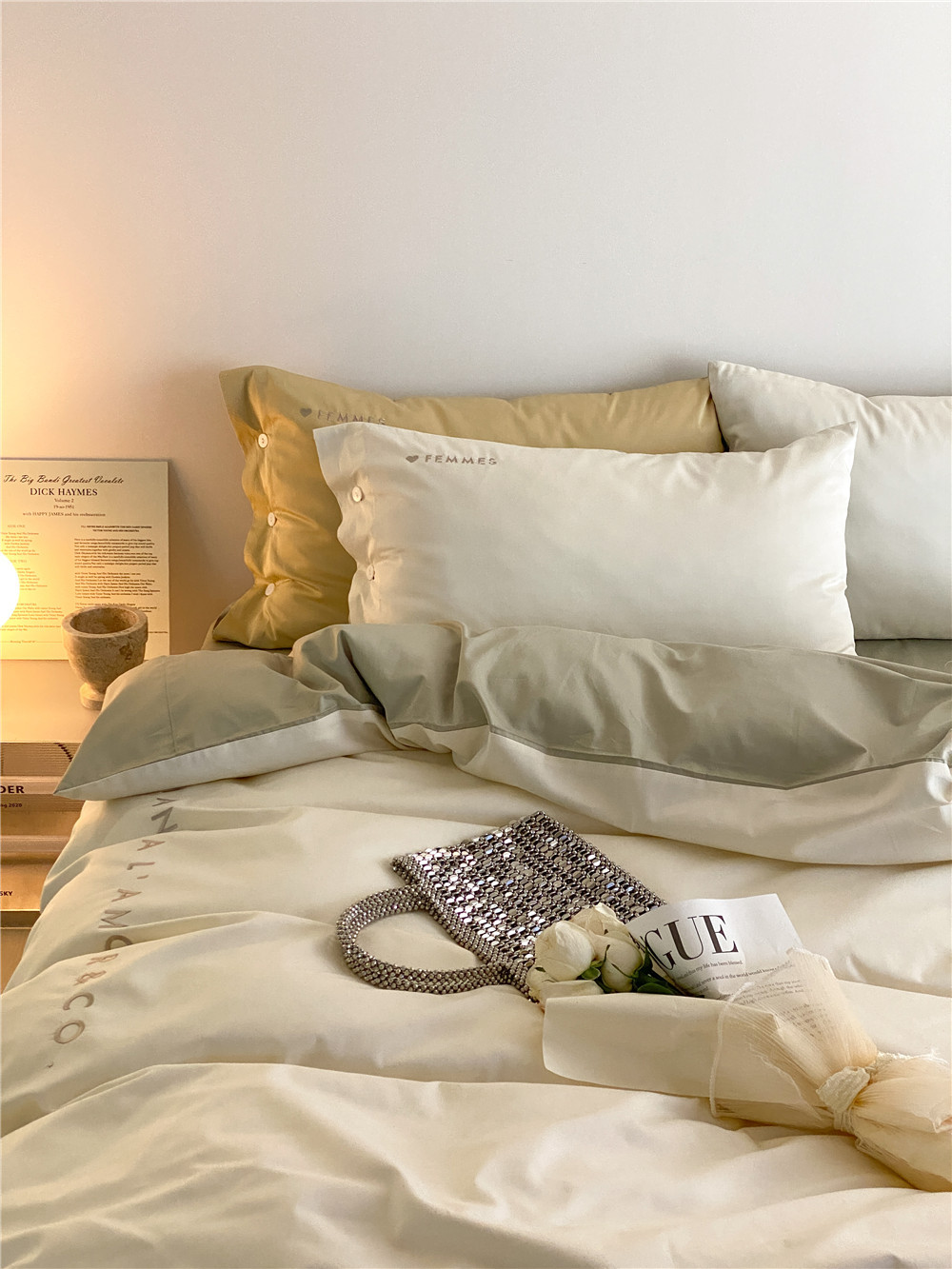 Simple, light luxury and fashionable solid-color long-staple cotton four-piece set, pure cotton letter-embroidered duvet cover, double bedding pic 38