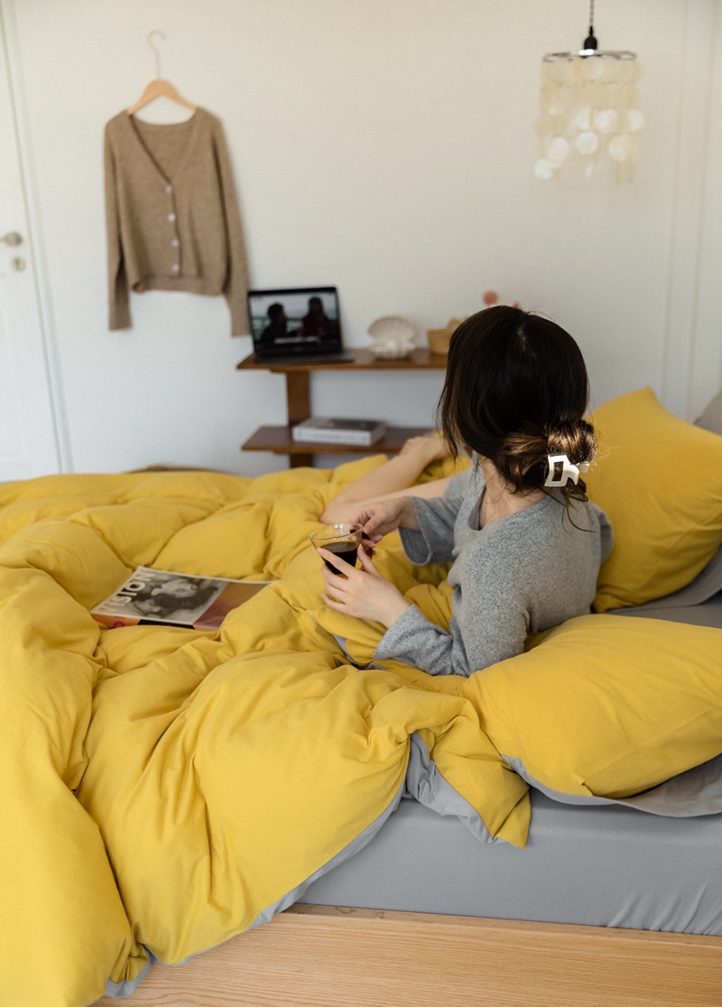 ins Japanese-style solid color all-cotton knitted cotton four-piece set, skin-friendly nude sleeping plain double-layer Indian cotton bed sheet pic 133