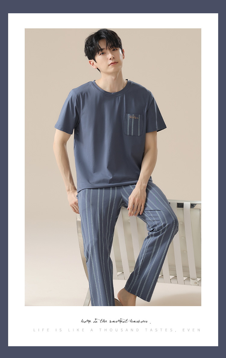 Summer pure cotton pajamas for men, cartoon casual short-sleeved shirts and long pants, pure cotton comfortable home wear, summer youth student set pic 164