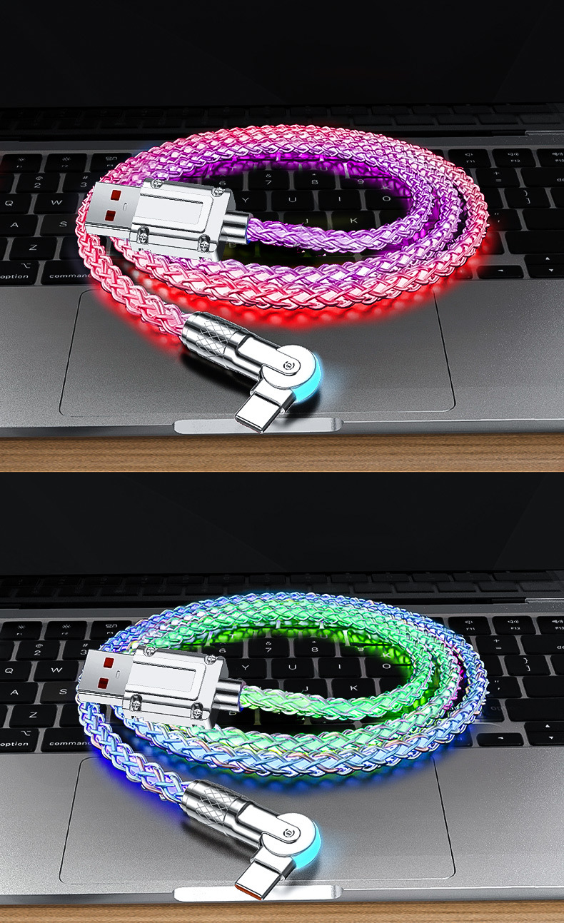 RGB light-emitting rotating data cable, 6A fast charging, Type-C seven-color gradient elbow, thickened charging cable, car ambient light pic 17